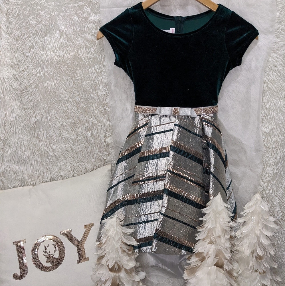 Bonnie Jean Emerald, Silver & Gold Metallic lined Party Dress Girls Size 7